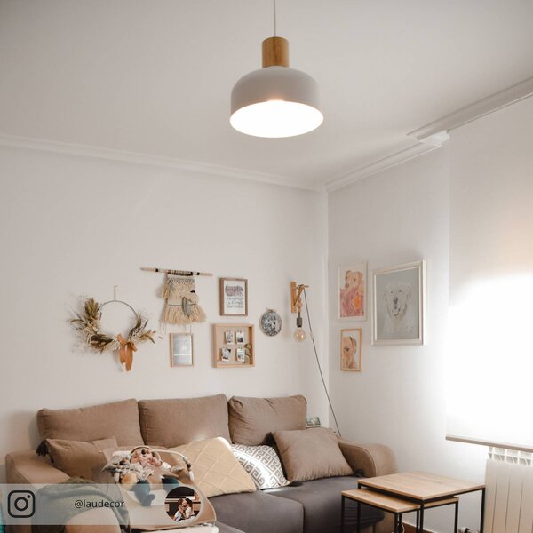 Závesná lampa Carlise s dreveným prvkom, Biela / opálová, Obývacia izba / jedáleň, kov, Škandinávsky, Závesné svietidlo