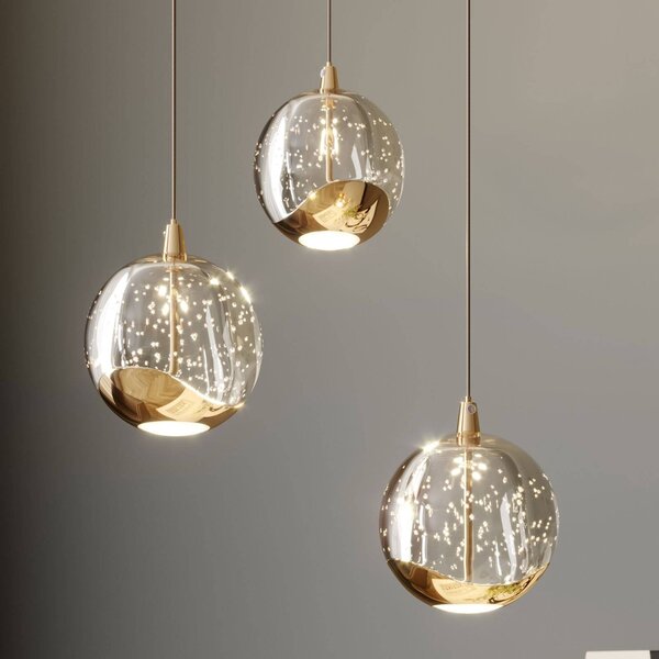 Lucande LED závesné svietidlo Hayley, Ø 25 cm, 3 svetlá, zlatá farba, sklo, Jasné / priehľadné, Obývacia izba / jedáleň, Sklo, Moderný, Závesné svietidlo