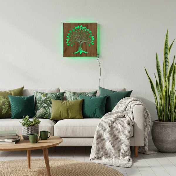 Podsvietený drevený obraz „Strom života“ LED nástenná dekorácia | BAKE: HDF - Orech LED RGB multicolor 30 cm 4697-112103 LED0564