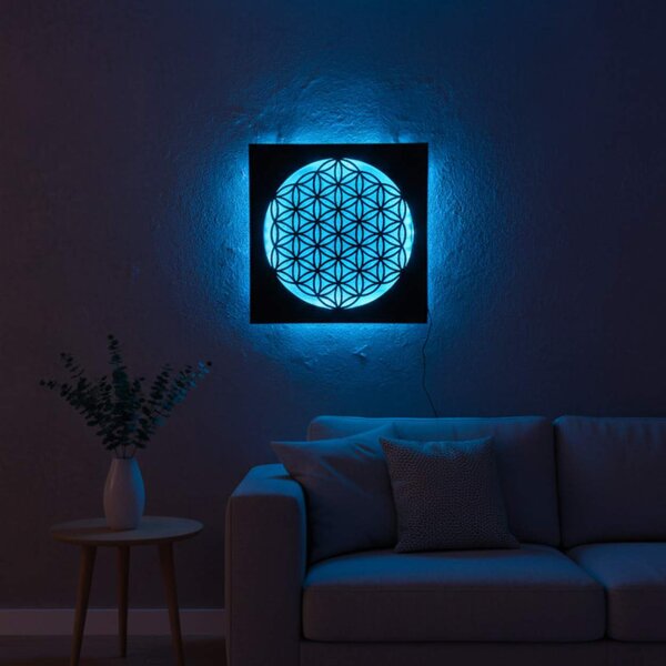 Podsvietený drevený obraz Kvet života – LED mandala dekorácia na stenu | MONEN: HDF - Orech LED RGB multicolor 30 cm 4700-112273 LED0168