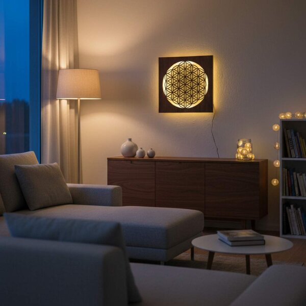 Podsvietený drevený obraz Kvet života – LED mandala dekorácia na stenu | MONEN: HDF - Orech LED RGB multicolor 30 cm 4700-112273 LED0168