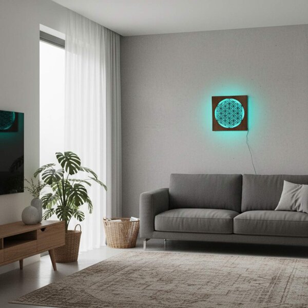 Podsvietený drevený obraz Kvet života – LED mandala dekorácia na stenu | MONEN: HDF - Orech LED RGB multicolor 30 cm 4700-112273 LED0168
