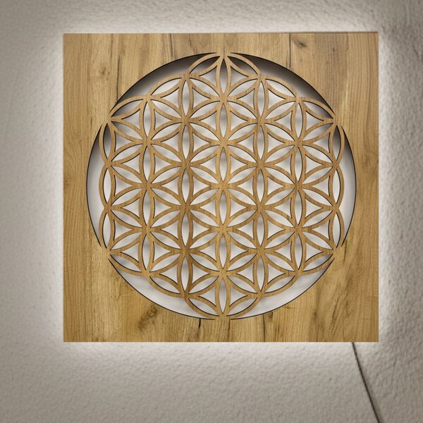 Podsvietený drevený obraz Kvet života – LED mandala dekorácia na stenu | MONEN: HDF - Orech LED RGB multicolor 30 cm 4700-112273 LED0168