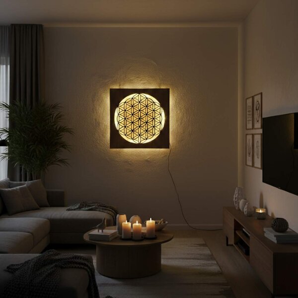 Podsvietený drevený obraz Kvet života – LED mandala dekorácia na stenu | MONEN: HDF - Orech LED RGB multicolor 30 cm 4700-112273 LED0168