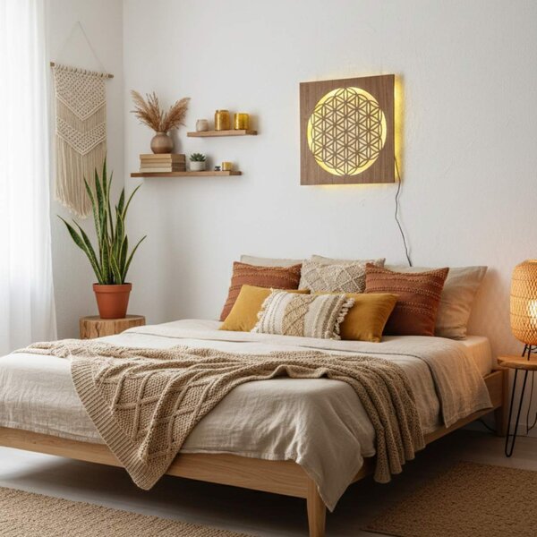 Podsvietený drevený obraz Kvet života – LED mandala dekorácia na stenu | MONEN: HDF - Orech LED RGB multicolor 30 cm 4700-112273 LED0168