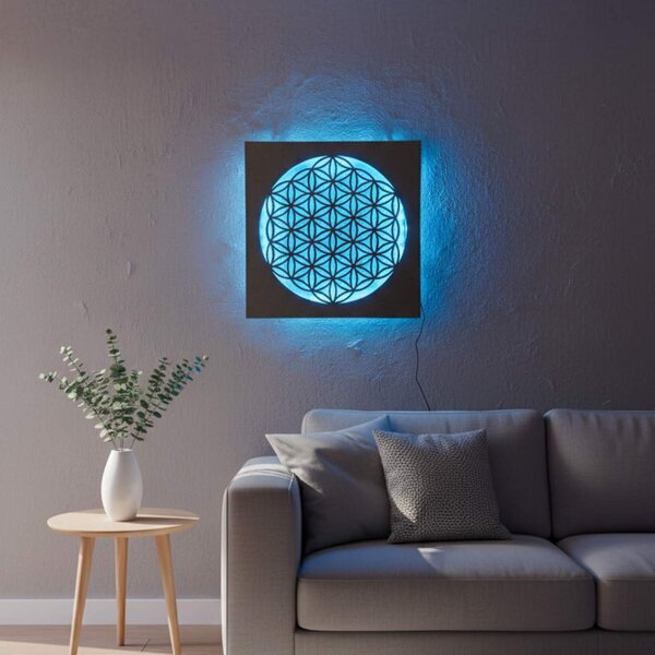 Podsvietený drevený obraz Kvet života – LED mandala dekorácia na stenu | MONEN: HDF - Orech LED RGB multicolor 30 cm 4700-112273 LED0168