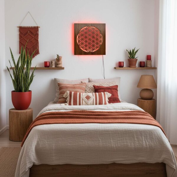 Podsvietený drevený obraz Kvet života – LED mandala dekorácia na stenu | MONEN: HDF - Orech LED RGB multicolor 30 cm 4700-112273 LED0168