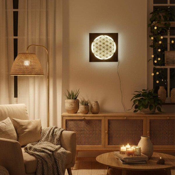 Podsvietený drevený obraz Kvet života – LED mandala dekorácia na stenu | MONEN: HDF - Orech LED RGB multicolor 30 cm 4700-112273 LED0168
