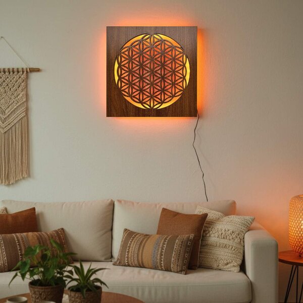Podsvietený drevený obraz Kvet života – LED mandala dekorácia na stenu | MONEN: HDF - Orech LED RGB multicolor 30 cm 4700-112273 LED0168