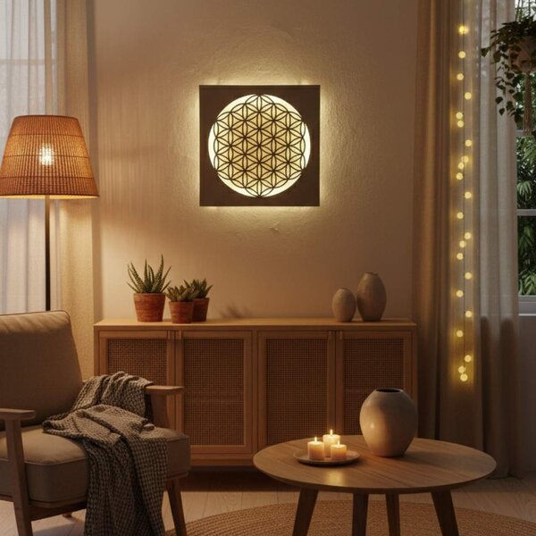 Podsvietený drevený obraz Kvet života – LED mandala dekorácia na stenu | MONEN: HDF - Orech LED RGB multicolor 30 cm 4700-112273 LED0168