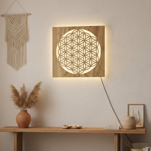 Podsvietený drevený obraz Kvet života – LED mandala dekorácia na stenu | MONEN: HDF - Orech LED RGB multicolor 30 cm 4700-112273 LED0168