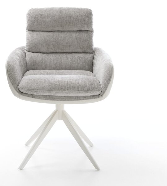 DELIFE Otočná jedálenská stolička Abelia-Flex s opierkami zmiešané materiály pravá koža bielo-strieborno sivá široká krížová podstava biela 360° otočná hojdacia funkcia