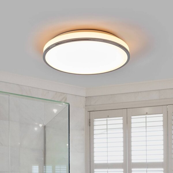 Lindby stropné LED svetlo Lyss, Ø 40 cm, chrómová farba, IP44, Biela / opálová, Kúpeľňa, Sklo, Moderný, Závesné svietidlo