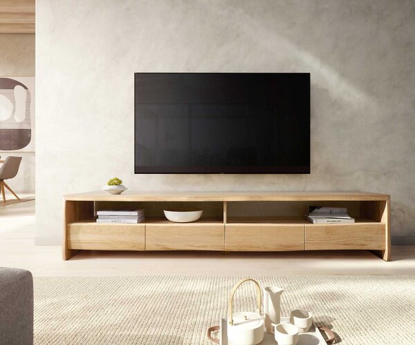 DELIFE TV stolík Live-Edge 230 cm dub prírodný 4 zásuvky masívny hrana