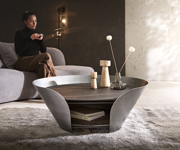 DELIFE Konferenčný stolík Skafi 100x40 cm keramika Laminam® Noir Desir hnedá metalická strieborná