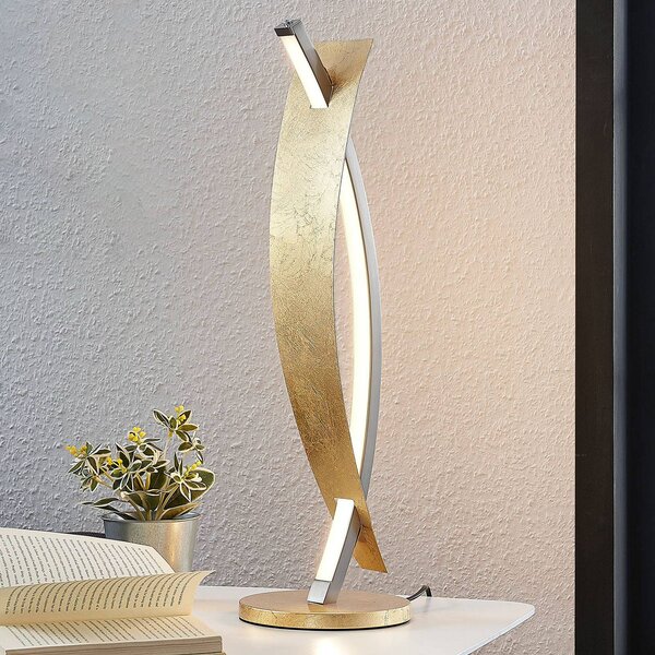 Stolná LED lampa Lucande Marija, zlatá farba, stmievateľná, 62 cm, Mosadz / zlato, Obývacia izba / jedáleň, kov, Moderný, Stojacie svietidlo