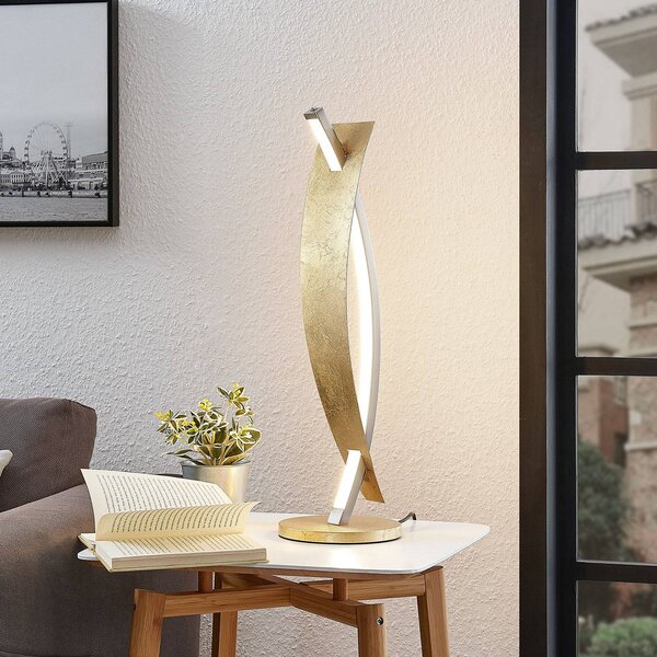 Stolná LED lampa Lucande Marija, zlatá farba, stmievateľná, 62 cm, Mosadz / zlato, Obývacia izba / jedáleň, kov, Moderný, Stojacie svietidlo