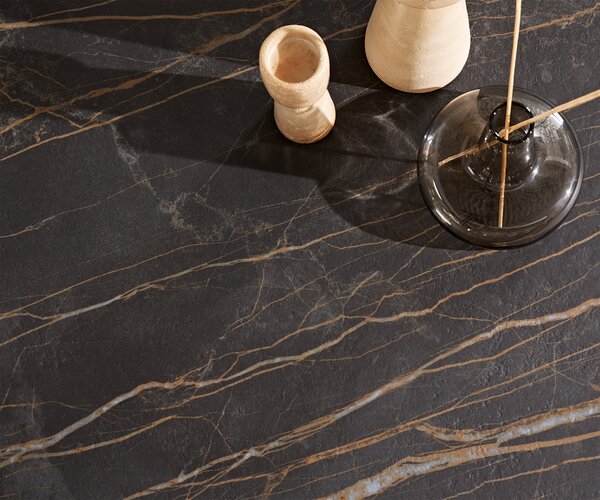 DELIFE Konferenčný stolík Skafi 100x40 cm keramika Laminam® Noir Desir hnedá metalická strieborná