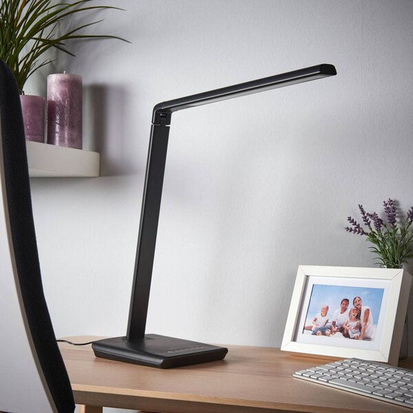 Stolná LED lampa Lindby Kuno, čierna, USB, dotykový stmievač, Čierna, Pracovňa / Kancelária, Plast, Moderný, Stolová lampa