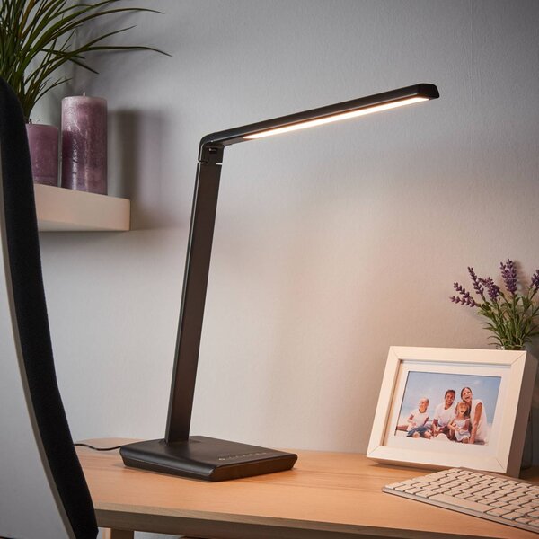 Stolná LED lampa Lindby Kuno, čierna, USB, dotykový stmievač, Čierna, Pracovňa / Kancelária, Plast, Moderný, Stolová lampa
