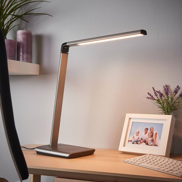 Stolná LED lampa Lindby Kuno, sivá, USB, dotykový stmievač, Hliník / sivá / zinok, Pracovňa / Kancelária, Plast, Moderný, Stolová lampa