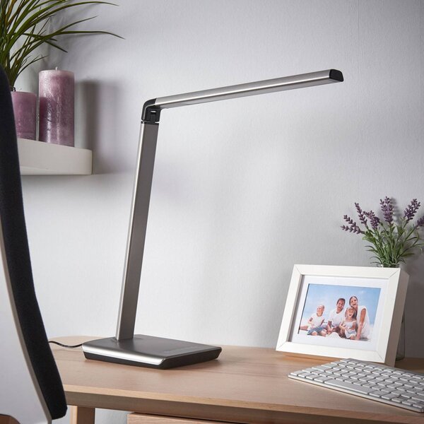 Stolná LED lampa Lindby Kuno, sivá, USB, dotykový stmievač, Hliník / sivá / zinok, Pracovňa / Kancelária, Plast, Moderný, Stolová lampa