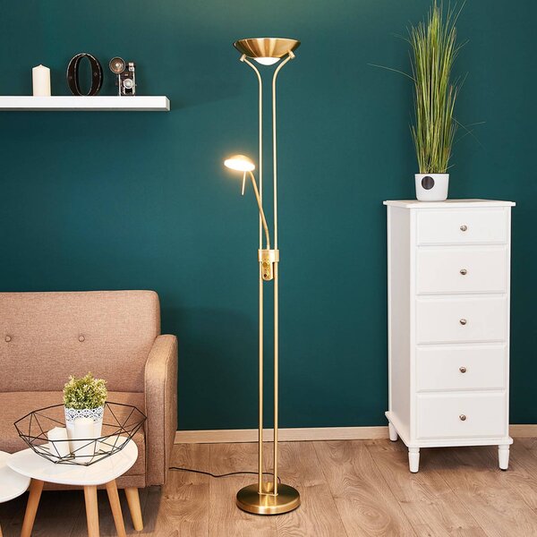 Lindby LED stojacia lampa Josefin, mosadz, svetlo na čítanie, stmievateľné, Mosadz / zlato, Obývacia izba / jedáleň, kov, Moderný, Zemné bodové svetlo
