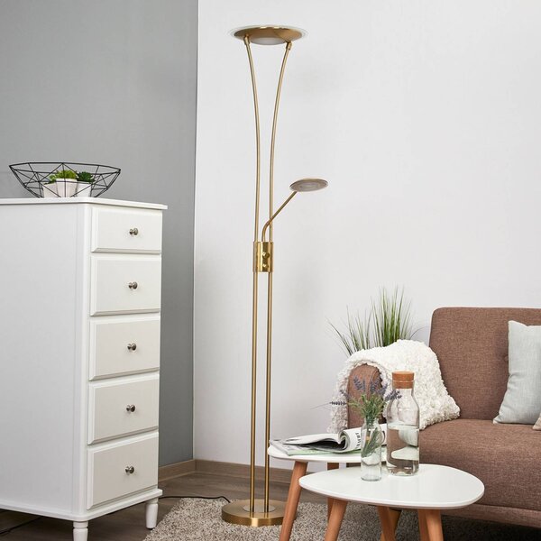 Lindby LED stojacia lampa osvetľujúca strop Eda, výška 180 cm, mosadz,, Mosadz / zlato, Obývacia izba / jedáleň, kov, Moderný, Zemné bodové svetlo