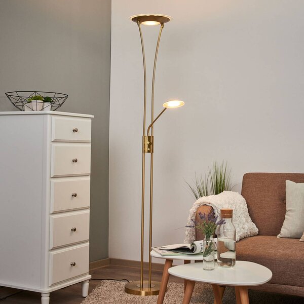 Lindby LED stojacia lampa osvetľujúca strop Eda, výška 180 cm, mosadz,, Mosadz / zlato, Obývacia izba / jedáleň, kov, Moderný, Zemné bodové svetlo