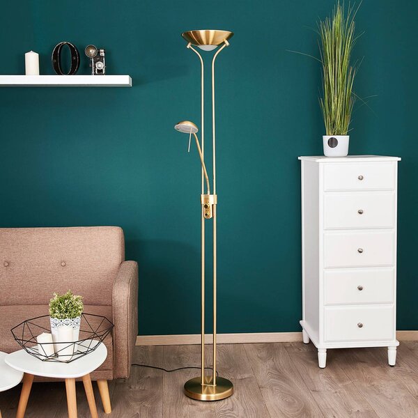 Lindby LED stojacia lampa Josefin, mosadz, svetlo na čítanie, stmievateľné, Mosadz / zlato, Obývacia izba / jedáleň, kov, Moderný, Zemné bodové svetlo