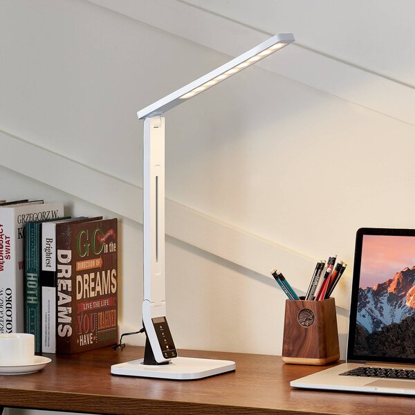Stolná LED lampa Lindby Eleni, biela, stmievateľná, Biela / opálová, Pracovňa / Kancelária, Plast, Moderný, Stolová lampa