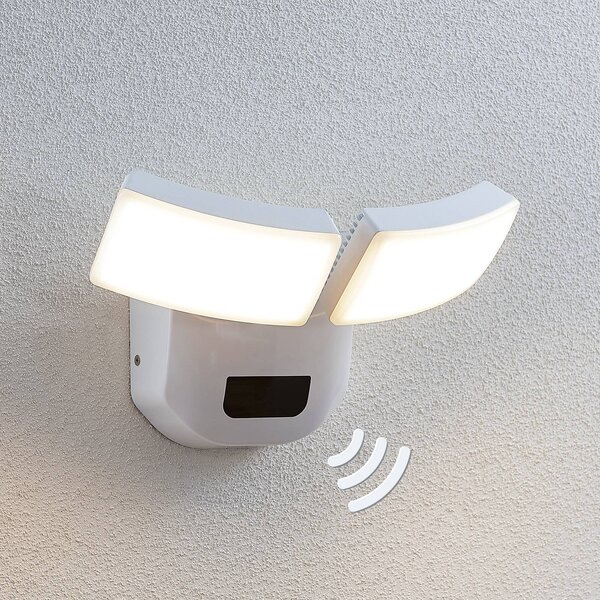 Lindby LED vonkajšie nástenné svietidlo Nikias, 30 cm, senzor, 2 svetlá, biele, Biela / opálová, Hliník, Moderný, Nástenné svietidlo
