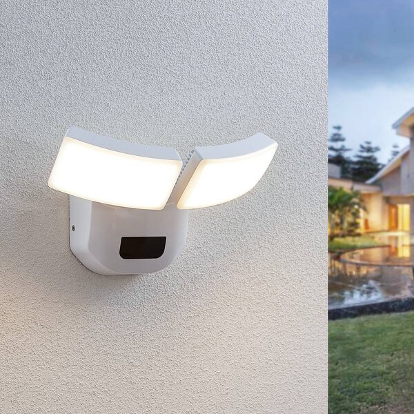 Lindby LED vonkajšie nástenné svietidlo Nikias, 30 cm, senzor, 2 svetlá, biele, Biela / opálová, Hliník, Moderný, Nástenné svietidlo