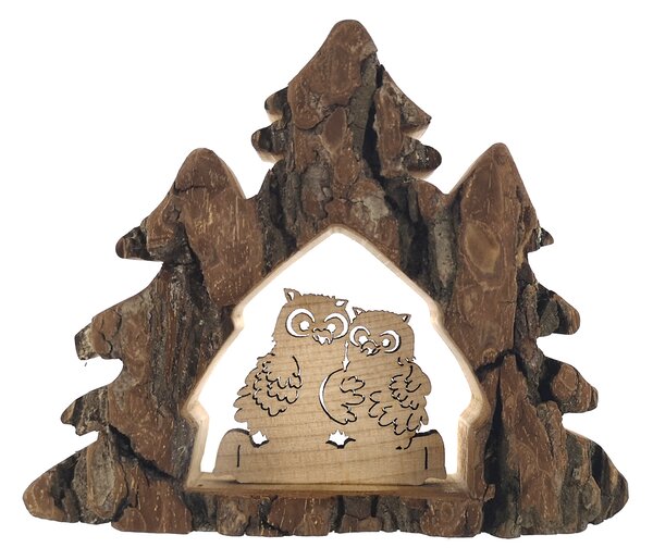 AMADEA Drevená dekorácia stromy s kôrou a sovami, masívne drevo, 10x13x3 cm