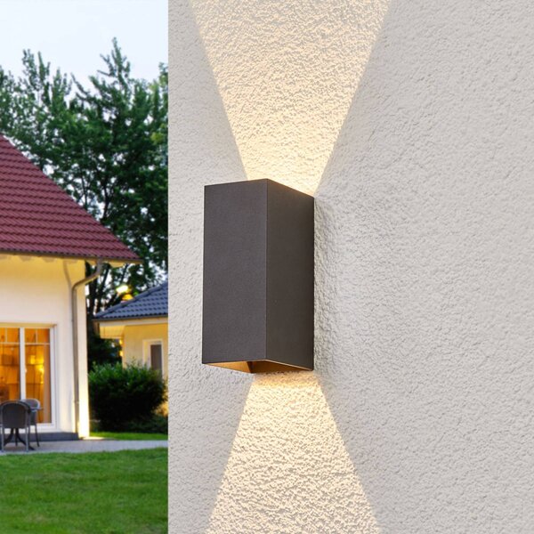 Lucande LED vonkajšie nástenné svietidlo Mikka, 17 cm, antracit, 2 svetlá., Čierna, Hliník, Moderný, Nástenné svietidlo