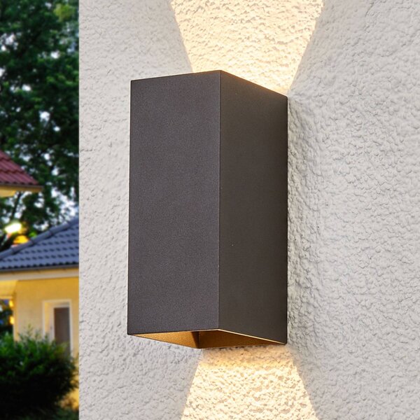 Lucande LED vonkajšie nástenné svietidlo Mikka, 17 cm, antracit, 2 svetlá., Čierna, Hliník, Moderný, Nástenné svietidlo