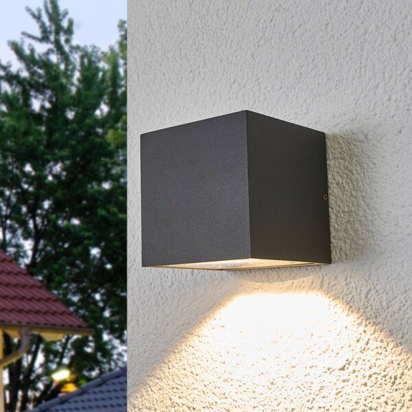 Lucande LED vonkajšie nástenné svietidlo Merjem, 12 cm, dole, IP54, Hliník / sivá / zinok, Hliník, Moderný, Nástenné svietidlo