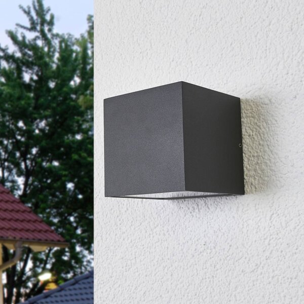 Lucande LED vonkajšie nástenné svietidlo Merjem, 12 cm, dole, IP54, Hliník / sivá / zinok, Hliník, Moderný, Nástenné svietidlo