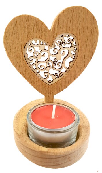 AMADEA Drevený svietnik srdca s vkladom - ornament, masívne drevo, výška 10 cm