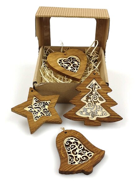 AMADEA Vianočný set 4 druhov drevených ozdôb z masívu s vkladom - ornament + krabička