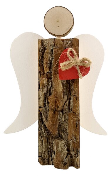 AMADEA Drevený anjel s kôrou s bielymi krídlami a čeveným srdcom, masívne drevo, 19x13,5x3 cm