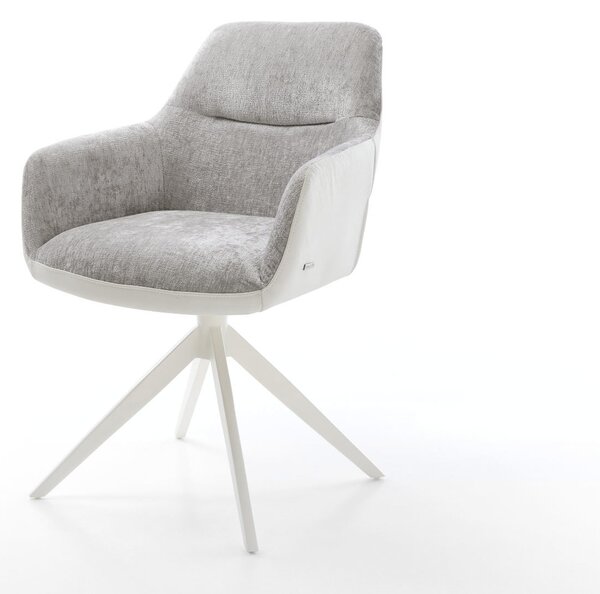 DELIFE Jedálenská stolička Pejo-Flex zmiešané materiály pravá koža bielo-strieborno sivá krížová podstava široká biela otočná o 360° hojdacia funkcia vrecková pružina