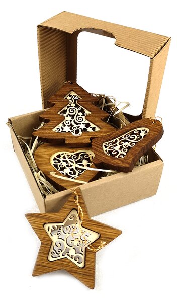 AMADEA Vianočný set 4 druhov drevených ozdôb z masívu s vkladom - ornament + krabička