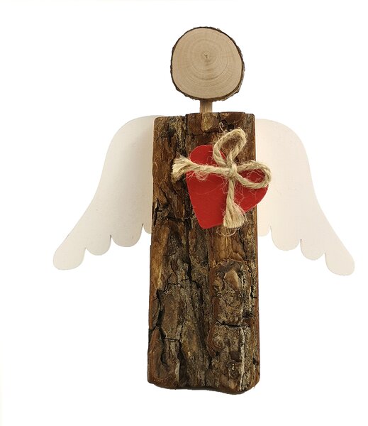 AMADEA Drevený anjel s kôrou s bielymi krídlami a čeveným srdcom, masívne drevo, 19x14,5x3 cm