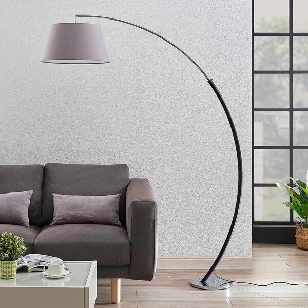 Stojacia lampa Lucande Evelyna, sivá/čierna, kov, 192 cm, Hliník / sivá / zinok, Spálňa, Textil / látka / hodváb, Moderný, Oblúková stojaca lampa