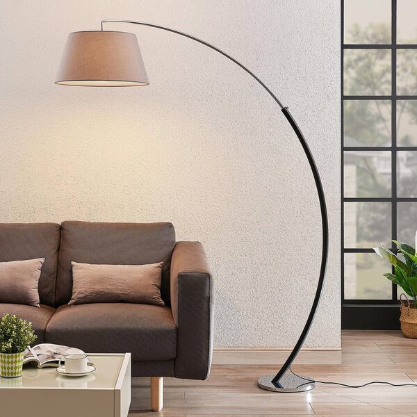 Stojacia lampa Lucande Evelyna, sivá/čierna, kov, 192 cm, Hliník / sivá / zinok, Spálňa, Textil / látka / hodváb, Moderný, Oblúková stojaca lampa