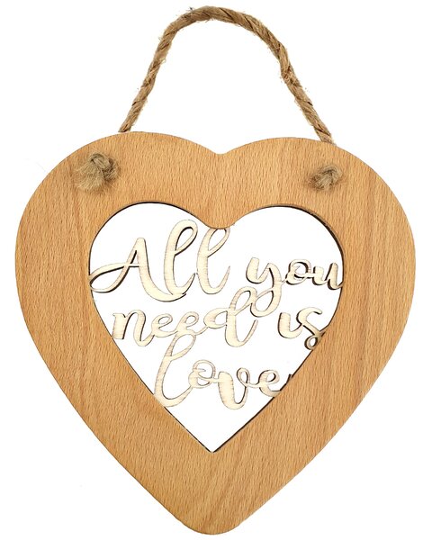AMADEA Drevené srdce s vkladom - All you need is love, masívne drevo, veľkosť 16 cm