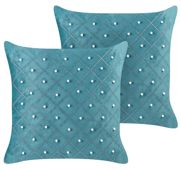 Súprava 2 dekoratívnych vankúšov modrozelený zamat 45 x 45 cm s ozdobnými prvkami glamour moderná obývacia izba spálňa