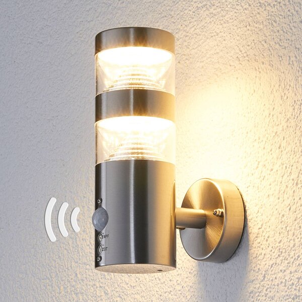 Lindby LED vonkajšie nástenné svietidlo Lanea, 22 cm, nerezová oceľ, senzor, Hliník / sivá / zinok, Nehrdzavejúca oceľ, Moderný, Nástenné svietidlo