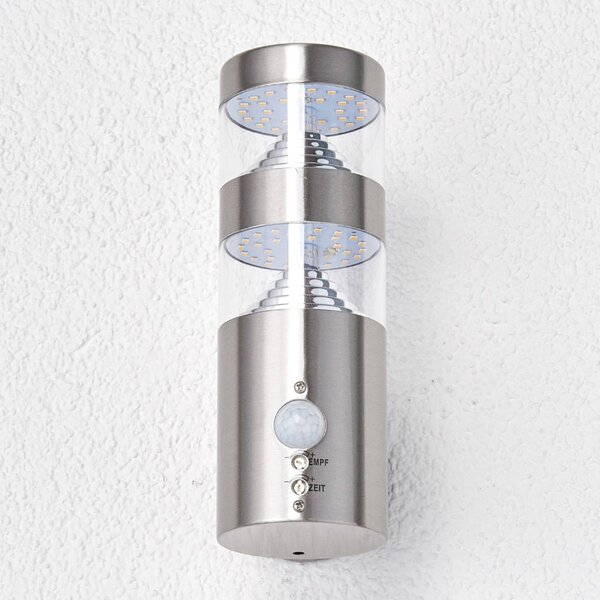 Lindby LED vonkajšie nástenné svietidlo Lanea, 22 cm, nerezová oceľ, senzor, Hliník / sivá / zinok, Nehrdzavejúca oceľ, Moderný, Nástenné svietidlo